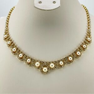 Elegant Gold Tone Faux Pearl and Rhinestone Choker Necklace